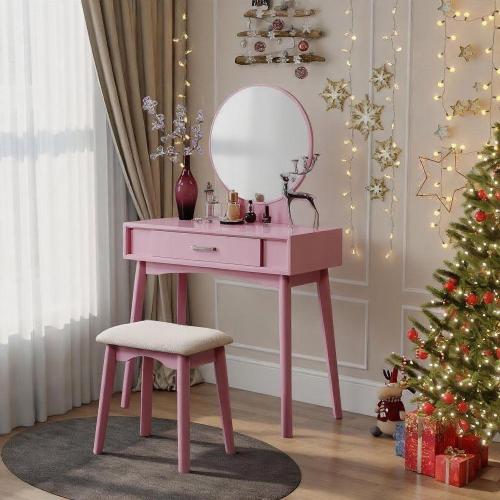 Contemporary Pink Wood Vanity and Stool Set, Round Mirror, Rubberwood Frame, 32.28 inch W