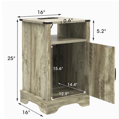 Warm Grey Farmhouse Nightstand with Charging Cabinet
