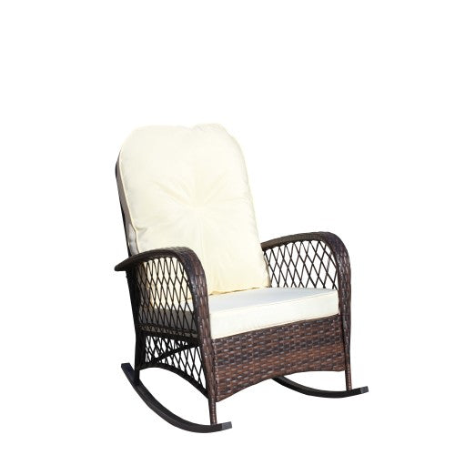 Outdoor Wicker Rocking Chair with Wide Seat, Thick, Soft Cushion, Rattan Rocker w/Steel Frame, High Weight Capacity for Patio, Garden, Backyard, Beige Cushion