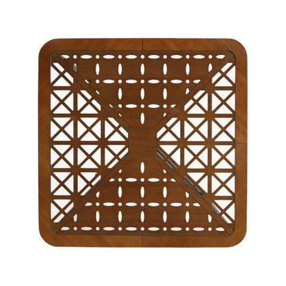 Modern Industrial Square Coffee Table Glass Top Metal Frame Wooden Accent Living Room Table