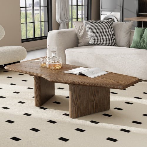 47 Inch Irregular Coffee Table Rustic Ash Wood Veneer Modern Living Room Center Table