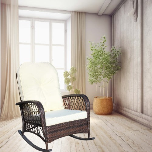Outdoor Wicker Rocking Chair with Wide Seat, Thick, Soft Cushion, Rattan Rocker w/Steel Frame, High Weight Capacity for Patio, Garden, Backyard, Beige Cushion