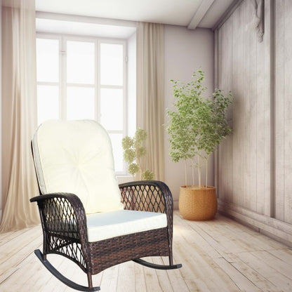 Outdoor Wicker Rocking Chair with Wide Seat, Thick, Soft Cushion, Rattan Rocker w/Steel Frame, High Weight Capacity for Patio, Garden, Backyard, Beige Cushion