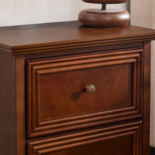 Walnut Mid-Century Nightstand, 2-Drawer Bedside Table with Charging Station & Gourd-Shaped Legs