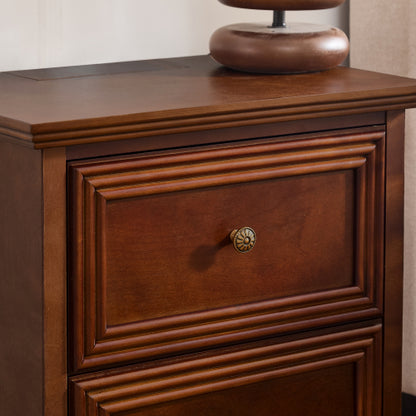 Walnut Mid-Century Nightstand, 2-Drawer Bedside Table with Charging Station & Gourd-Shaped Legs