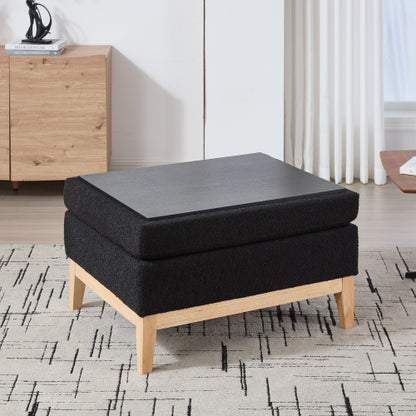 33.86 Inch Black Boucle Square Storage Ottoman, Reversible Lid Footrest with Rubberwood Legs, 300 LBS Weight Capacity