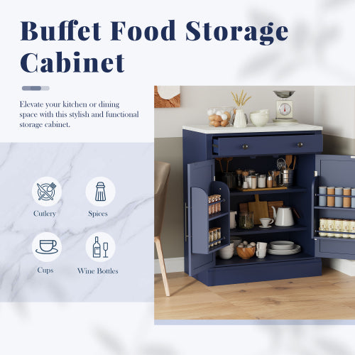 Modern Freestanding Kitchen Pantry,Buffet Food Storage, Coffee Bar Cabinet with Drawer, 2 Adjustable Shelves and 2 Door Shelves for Dining, Kitchen, Blue