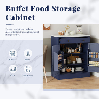 Modern Freestanding Kitchen Pantry,Buffet Food Storage, Coffee Bar Cabinet with Drawer, 2 Adjustable Shelves and 2 Door Shelves for Dining, Kitchen, Blue