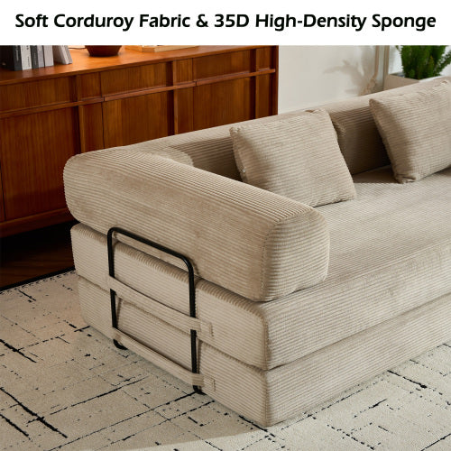 Beige Corduroy Convertible Sleeper Sofa Bed with Cylindrical Pillow