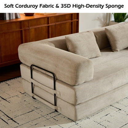 Beige Corduroy Convertible Sleeper Sofa Bed with Cylindrical Pillow
