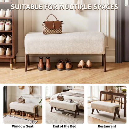Cream Chenille Upholstered Ottoman Bench, Solid Wood V-Shaped Leg Entryway Shoe Bench for Bedroom & Foyer
