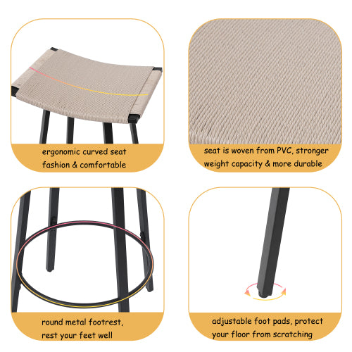 Counter Height Bar Stools Backless Handwoven Kitchen Dining Chairs with Round Footrest Set of 2 PVC Weaving Pub Stool for Indoor & Outdoor (Black & Creamy White)