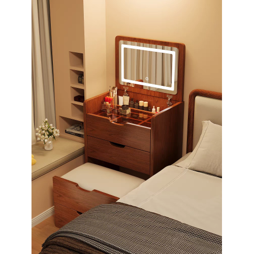(60cm) 3 in 1 Vanity Desk with Plip Top Mirror, Small Make Up Vanity Set with Visible Glass Desktop, Compact Makeup Vanity with 3 Drawers, Dressing Table for Bedroom (Walnut Color)