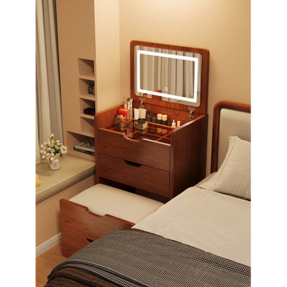 (60cm) 3 in 1 Vanity Desk with Plip Top Mirror, Small Make Up Vanity Set with Visible Glass Desktop, Compact Makeup Vanity with 3 Drawers, Dressing Table for Bedroom (Walnut Color)