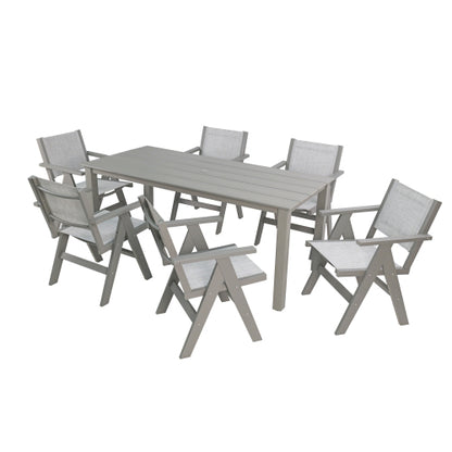 A wooden-textured imitation wood dining table, simple yet with a high quality feel. It has a small tabletop and is perfect for outdoor picnics. Light gray color, 68.9 inches long.