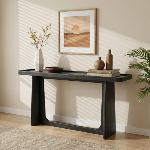 Farmhouse Console Table with Tray Top Design, Solid Wood Frame for Entryway, Living Room or Sofa Back, Black