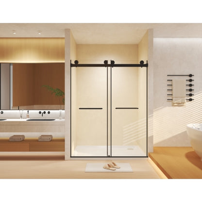 Frameless Double Sliding Shower Door 56-60 "W x 74" H, 5/16 "(8mm) Tempered Glass, Explosion Proof Film, Stainless Steel Handle, Square Tube Track, Matte Black