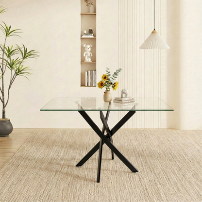 47-Inch Glass Dining Table with Black Legs for Modern Home