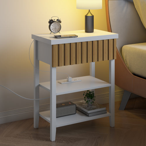 Set of 2 Fluted Nightstands with Charging Station, Farmhouse Side Table with Drawer and Open Shelves