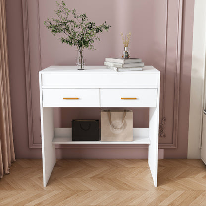 White Flip Top Vanity Desk with LED Lighted Mirror & Built-in Outlet, 2 Drawers, Open Storage, Jewelry Hooks