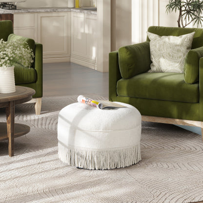 24 inch Round Upholstered Accent Ottoman, Almond White Chenille Round Foot Stool with Bullion Fringe