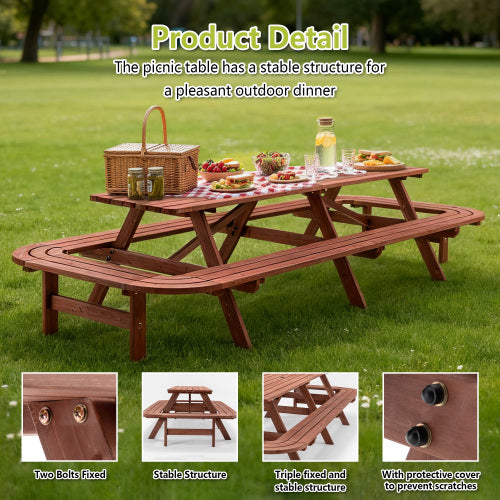 Brown Picnic Table with Benches for 14-16 Persons, Nearly 8-Foot Long Outdoor Wooden Rectangle Table for Patio, Garden, Backyard, Large Outside Dining Set with Umbrella Hole