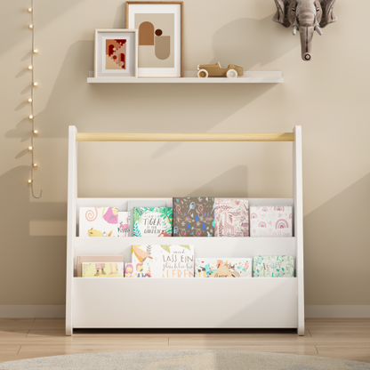 Kids Front-Facing Bookshelf with Wooden Handle 2-Tier White