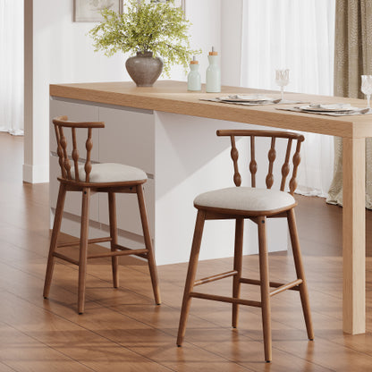 Indoor Wooden Barstool, Walnut Finish With Beige Upholstery, Set of 2