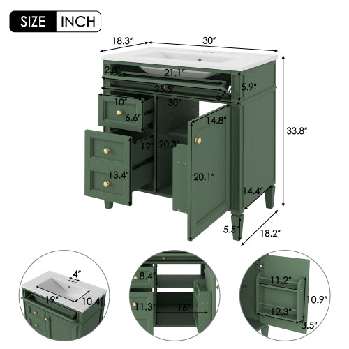 30'' Bathroom Vanity with Top Sink, Modern Bathroom Storage Cabinet with 2 Drawers and a Tip-out Drawer, Single Sink Bathroom Vanity