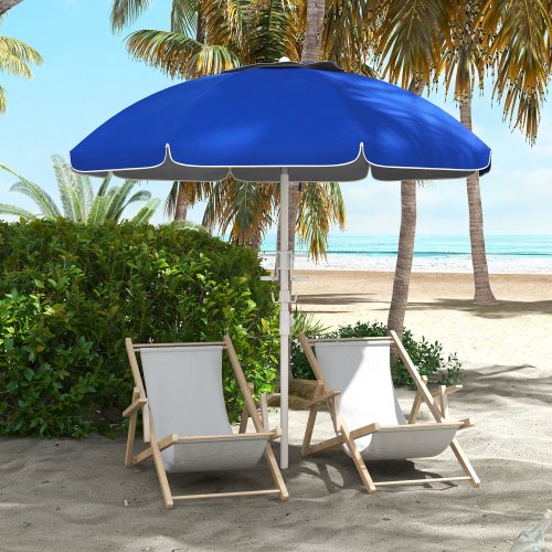 Outsunny 5.7' Portable Beach Umbrella with Tilt, Adjustable Height, 2 Cup Holders & Hooks, UV 40+ Ruffled Outdoor Umbrella with Vented Canopy, Blue