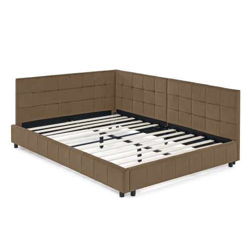 Full Size Upholstered Tufted  Bed Frame, Sofa Bed Frame with Comfortable Backrest and Armrests, Full Size Bed for Bedroom, Living Room,Velvet, BROWN(80.5inch *59inch *30.5inch )