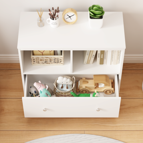 White Kids Storage Cabinet 2 Open Shelves With Full-Width Drawer Anti-Tip Design For Playroom Nursery