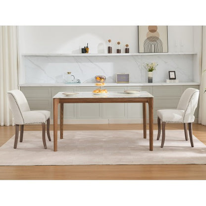 Set of 2 Beige Hollow Curved Enveloping Back Fabric Dining Chairs, Handmade Copper Nail Curved Solid Wood Legs