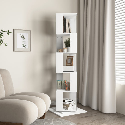 5-Tier 360° Rotating Bookshelf Wood Veneer & Acrylic Panel Anti-Tip Base Modern Home Display Storage Rack