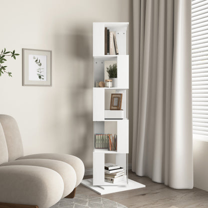 5-Tier 360° Rotating Bookshelf Wood Veneer & Acrylic Panel Anti-Tip Base Modern Home Display Storage Rack
