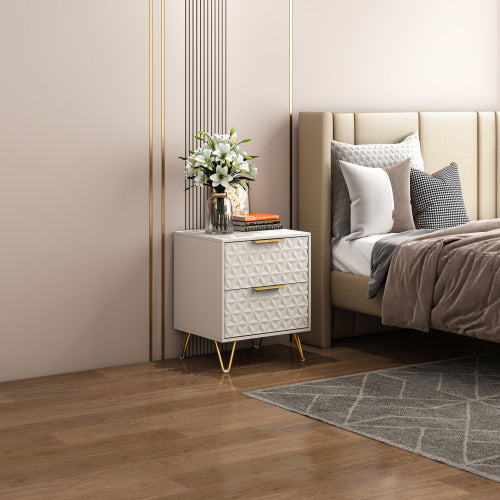 set of 2 nightstand with Light-Luxury Wall-Mounted Cabinet: 2 Drawers, Bottom support rail , Gold Legs & Handles, 3D Embossed, for Bedroom/Living Room/Office