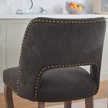 Set of 2 Black Hollow Back Fabric Dining Chairs, Curved Solid Wood Legs With Handmade Copper Nails