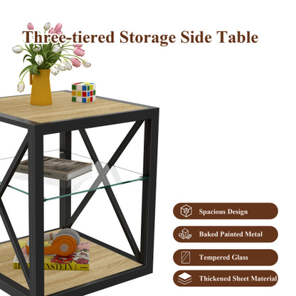 1 piece Modern End Table Nightstand for Bedroom & Living Room, Tempered Glass&Natural Wood MDF Top , Industrial Style Side Table