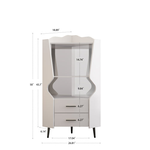 Wooden Corner bar cabinet with 2 open storage shelves and 2 drawers, mirrored back sideboard cabinet, high feet/legs for easy cleaning, buffet cabinet WHITE