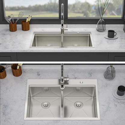 Topmount Drop in Kitchen Sink - 33"x 22" x 10" Double Bowl (50/50) Kitchen Sink 16 Gauge with Two 10" Deep Basin, Brushed Nickel