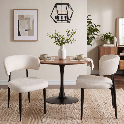 Curved Back Chenille Dining Chairs with Metal Legs, Set of 2, Beige