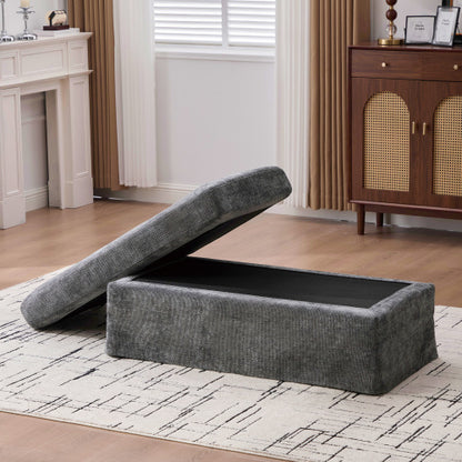 46 inch Charcoal Chenille Upholstered Ottoman with Black Metal Legs, 500 LBS Multiuse Footrest for Living Room Office