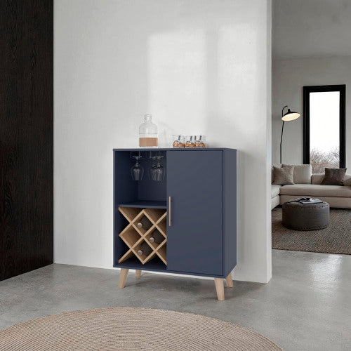 Bar Cabinet 38.6 inch H, 1 Door, 1 Drawer, 4 Shelves, Alby Blue / Natural Oak - Living Room