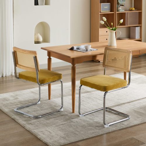 Set of 2 Golden Cane Back Cantilever Dining Chairs, Velvet Upholstered Chrome Double Steel Pipe Base 360 LBS Capacity