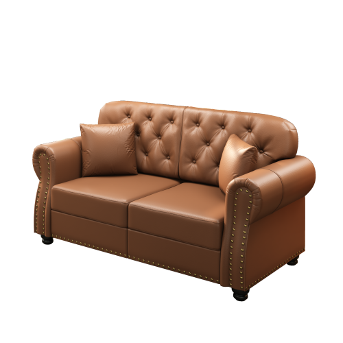 63 inch  Brown Mid-Century Faux-Leather Sofa,Nailhead Trim,Button Tufting,2 Pillows