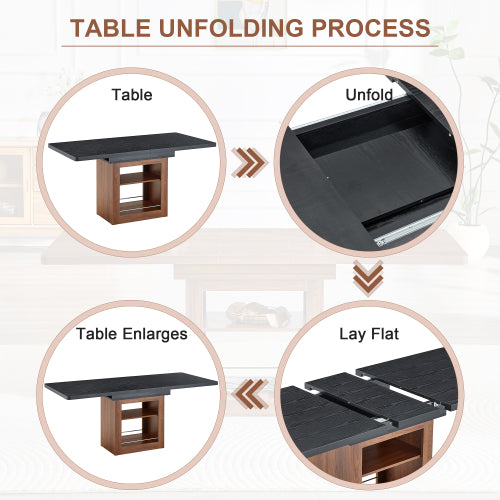 Expandable MDF Dining Table with Storage, Black Tabletop