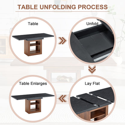 Expandable MDF Dining Table with Storage, Black Tabletop