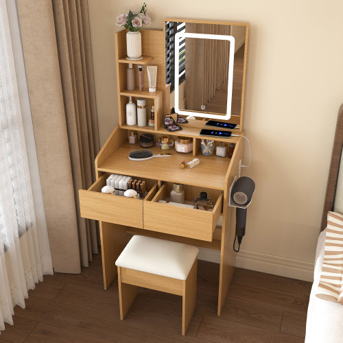Vanity Table with LED-Illuminated Mirror, Power Outlet, Hairdryer Holder & Stool ¨C Compact Dressing Desk for Small Bedrooms(Wood)