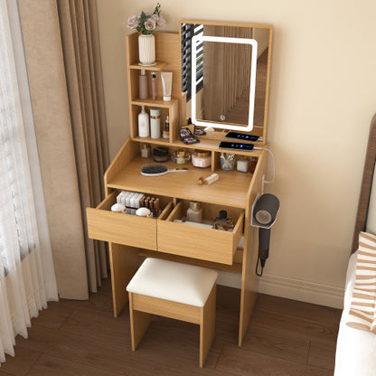 Vanity Table with LED-Illuminated Mirror, Power Outlet, Hairdryer Holder & Stool ¨C Compact Dressing Desk for Small Bedrooms(Wood)