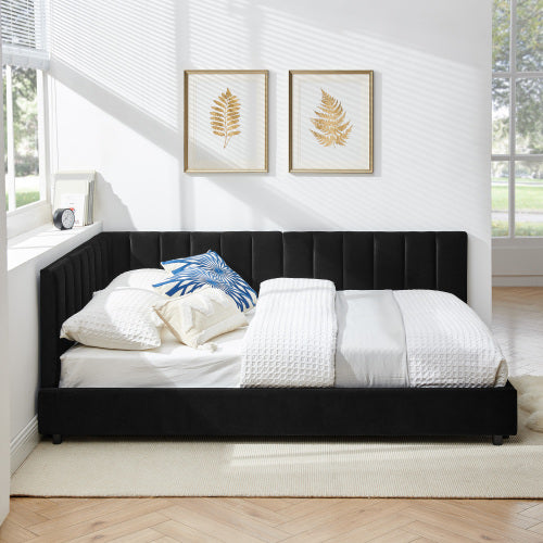 Full Size Upholstered Tufted Bed Frame, Sofa Bed Frame with Comfortable Backrest and Armrests, Full Size Bed for Bedroom, Living Room,Velvet-Black(81inch *60inch *29.5inch )